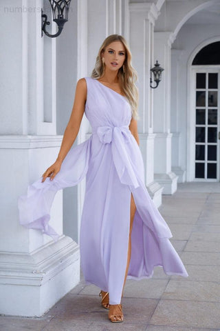 One Shoulder Sleeveless Chiffon Bow Bridesmaid Evening Dress Wedding Prom Party Evening Dress SEA28133