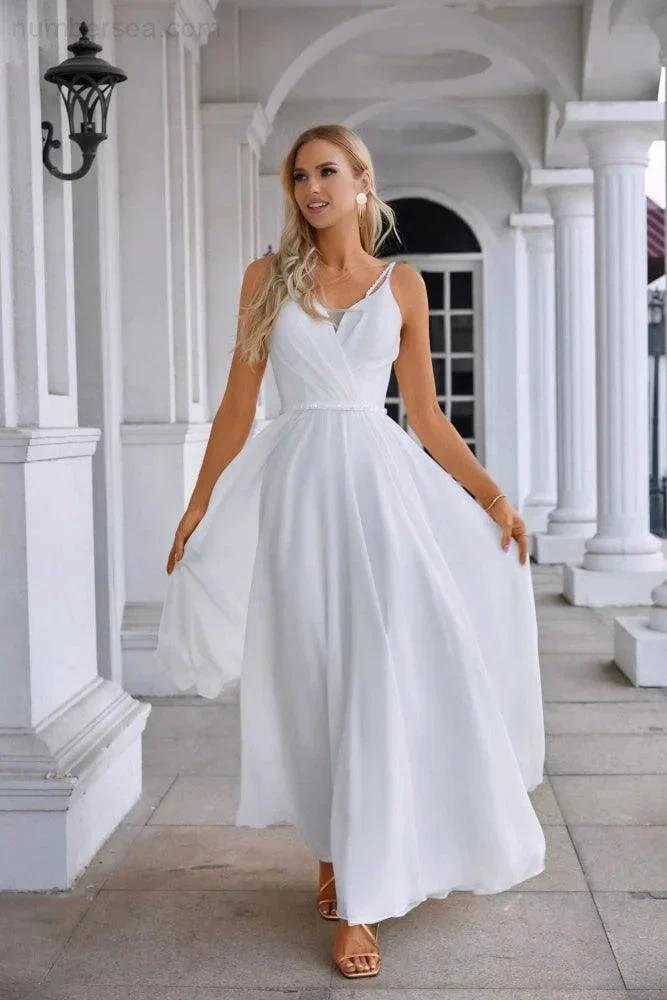 Ladies Spaghetti Strap Belt Chiffon Bridesmaid Evening Dress Prom Wedding Party Evening Dress 28134 by numbersea