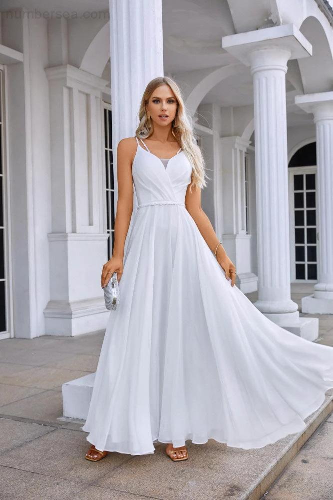 Ladies Spaghetti Strap Belt Chiffon Bridesmaid Evening Dress Prom Wedding Party Evening Dress 28134 by numbersea