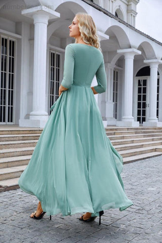 Ladies Chiffon Long Sleeve V Neck Floor Length Bridesmaid Evening Dress Wedding Party Beach Evening Dress 28095