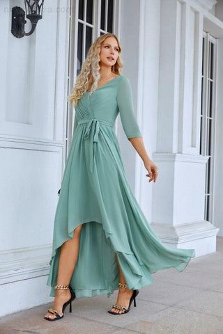 Ladies Chiffon Long Sleeve V Neck Floor Length Bridesmaid Evening Dress Wedding Party Beach Evening Dress 28095