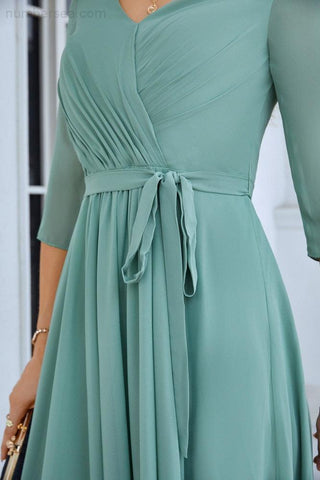 Ladies Chiffon Long Sleeve V Neck Floor Length Bridesmaid Evening Dress Wedding Party Beach Evening Dress 28095