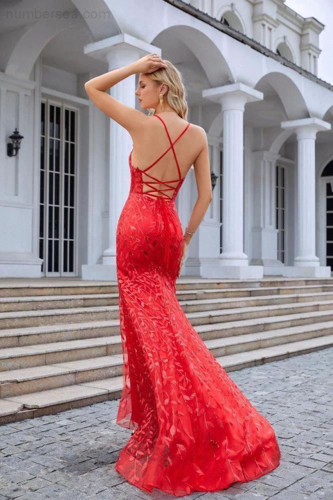 Ladies Double Layer Tulle Spaghetti Strap V Neck Mermaid Front Slit Floor Bridesmaid Wedding Party Evening Dress 28096 by numbersea
