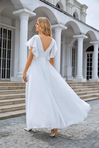 Ladies V Neck Ruffle Sleeves Chiffon Bridesmaid Evening Dress Beach Wedding Party Evening Dress 28097