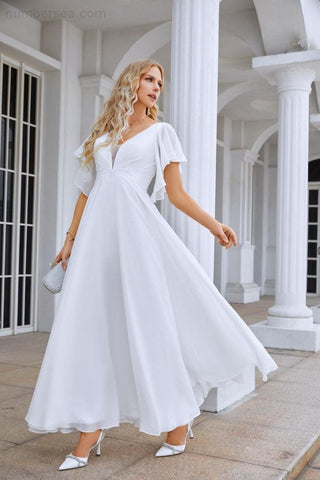 Ladies V Neck Ruffle Sleeves Chiffon Bridesmaid Evening Dress Beach Wedding Party Evening Dress 28097