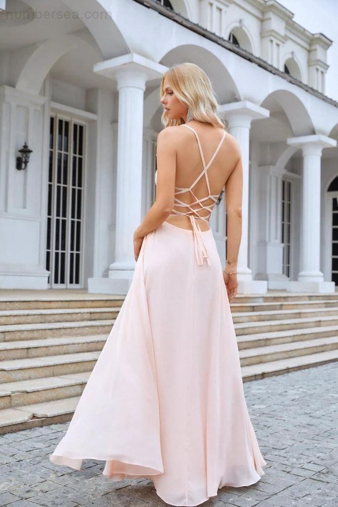 Numbersea Ladies V Neck Front Slit Lace Spaghetti Strap Chiffon Bridesmaid Dress Party Wedding Evening Dress 28088 by numbersea