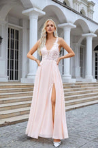 Numbersea Ladies V Neck Front Slit Lace Spaghetti Strap Chiffon Bridesmaid Dress Party Wedding Evening Dress 28088 by numbersea