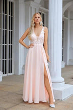 Numbersea Ladies V Neck Front Slit Lace Spaghetti Strap Chiffon Bridesmaid Dress Party Wedding Evening Dress 28088 by numbersea