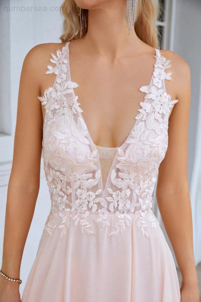 Numbersea Ladies V Neck Front Slit Lace Spaghetti Strap Chiffon Bridesmaid Dress Party Wedding Evening Dress 28088 by numbersea