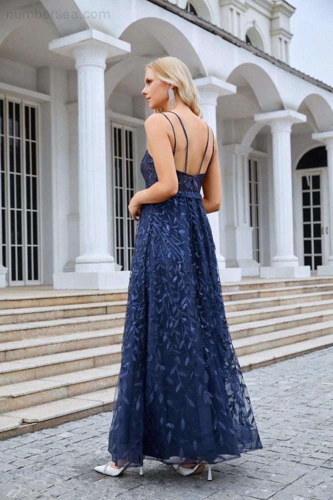 Ladies Spaghetti Strap Embroidery V Neck Front Slit Bridesmaid Dress Party Wedding Evening Dress 28089 by numbersea