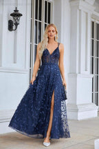 Ladies Spaghetti Strap Embroidery V Neck Front Slit Bridesmaid Dress Party Wedding Evening Dress 28089 by numbersea
