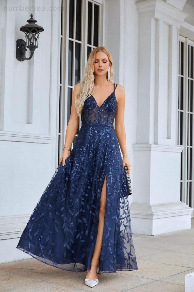 Ladies Spaghetti Strap Embroidery V Neck Front Slit Bridesmaid Dress Party Wedding Evening Dress 28089 by numbersea