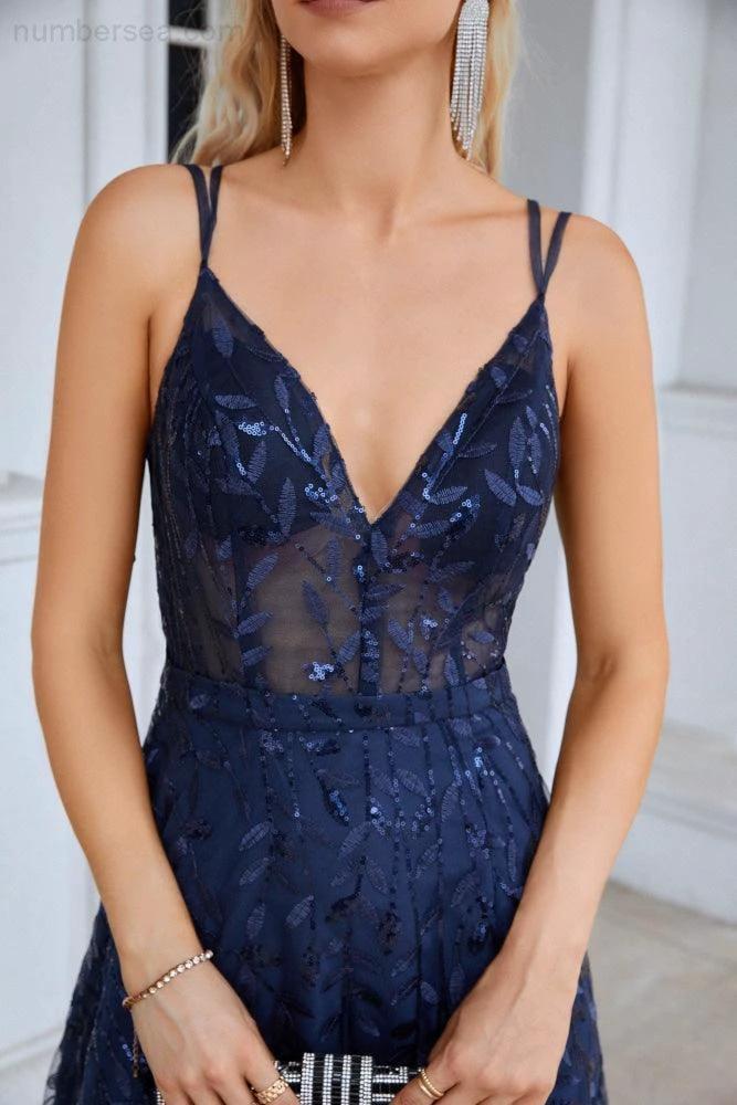 Ladies Spaghetti Strap Embroidery V Neck Front Slit Bridesmaid Dress Party Wedding Evening Dress 28089 by numbersea
