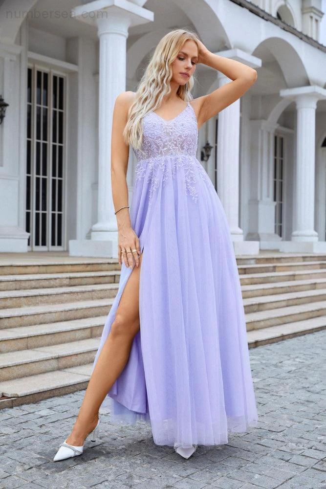 Ladies V Neck Chiffon Lace Spaghetti Strap Bridesmaid Dress Wedding Party Beach Evening Dress 28090 by numbersea