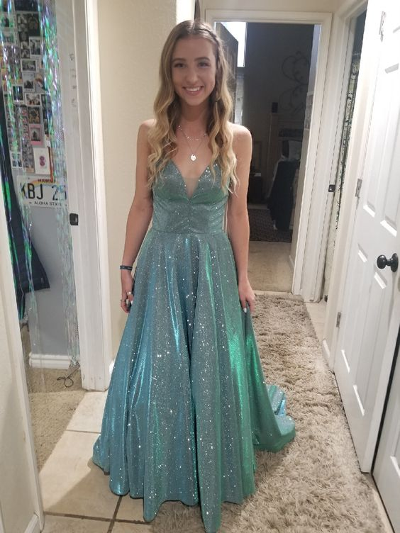 Vestido de noche brillante con escote en V y corte A para graduación Y6754