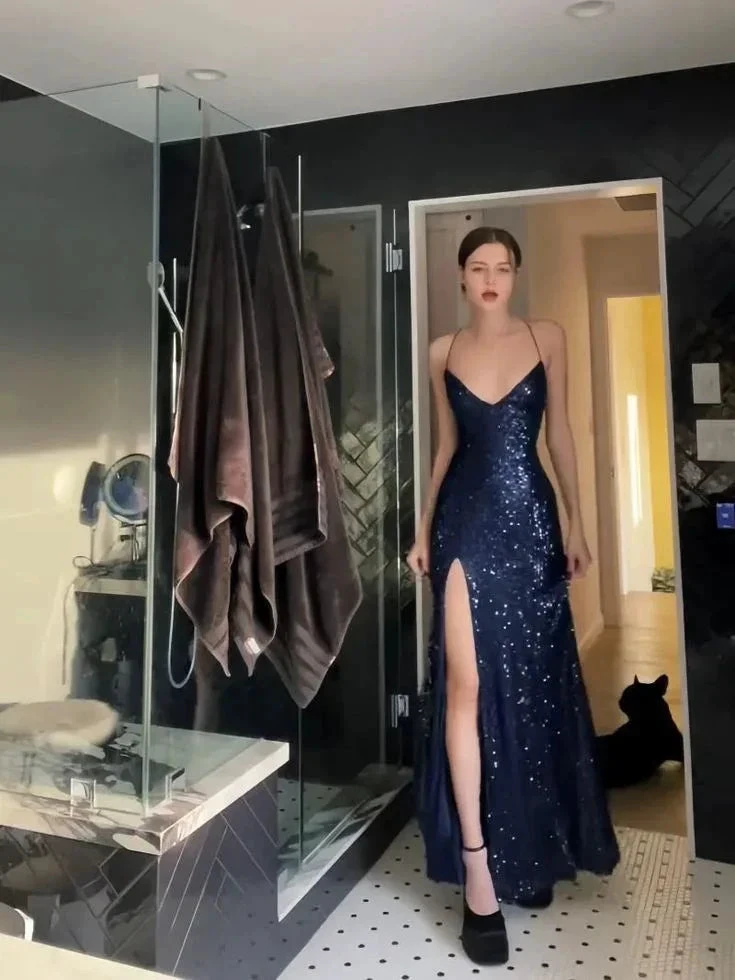 Sexy Navy Blue V Neck Slit Evening Dress Long Prom Dress Y7798 by simplepromdress