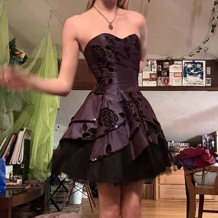 Vintage Strapless Satin Tulle Tiered Short Prom Dress Homecoming Dress Y8106 by simplepromdress