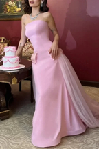 Sweet Pink Strapless Bow-Knot Long Prom Dress,Tulle Satin Evening Dress Y8053 by simplepromdress