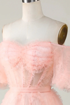 Blush Tulle Off The Shoulder Short Homecoming Dress Y2616 by simplepromdress