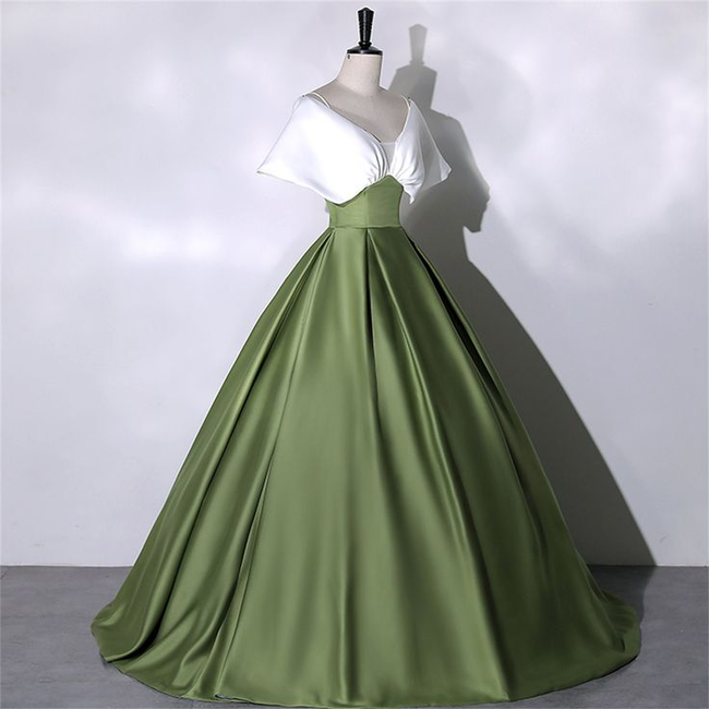White+Green Satin Prom Dress Elegant Quinceanera Dress Floor Length Green Dress Evening Dress Girls Princess Dress Y4598 Main Image