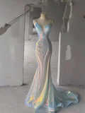 Sparkly Spaghetti Straps Sequins Mermaid V-neck Backless Long Prom Dresses Evening Dresses Y7804 by simplepromdress