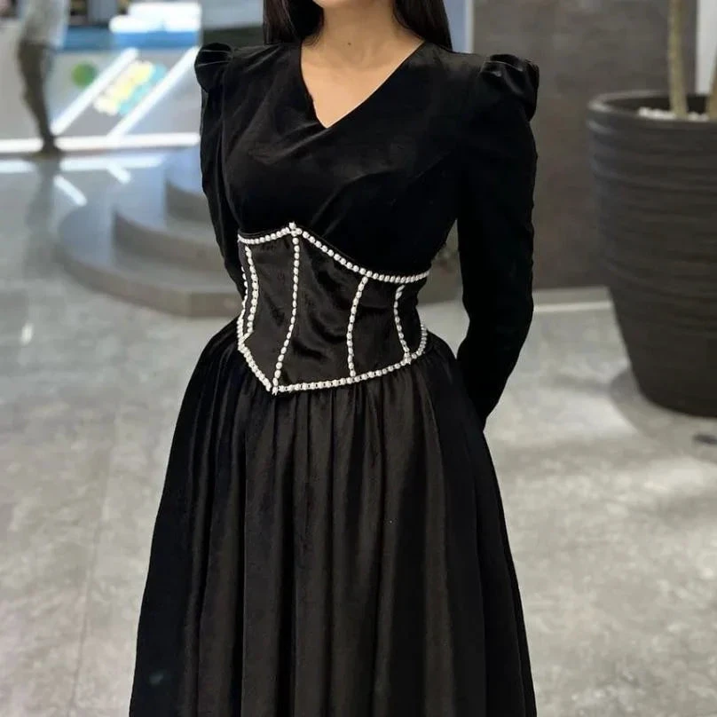 Elegant black velvet dress with rhinestone-embellished waist, ZAPDRESS fashion