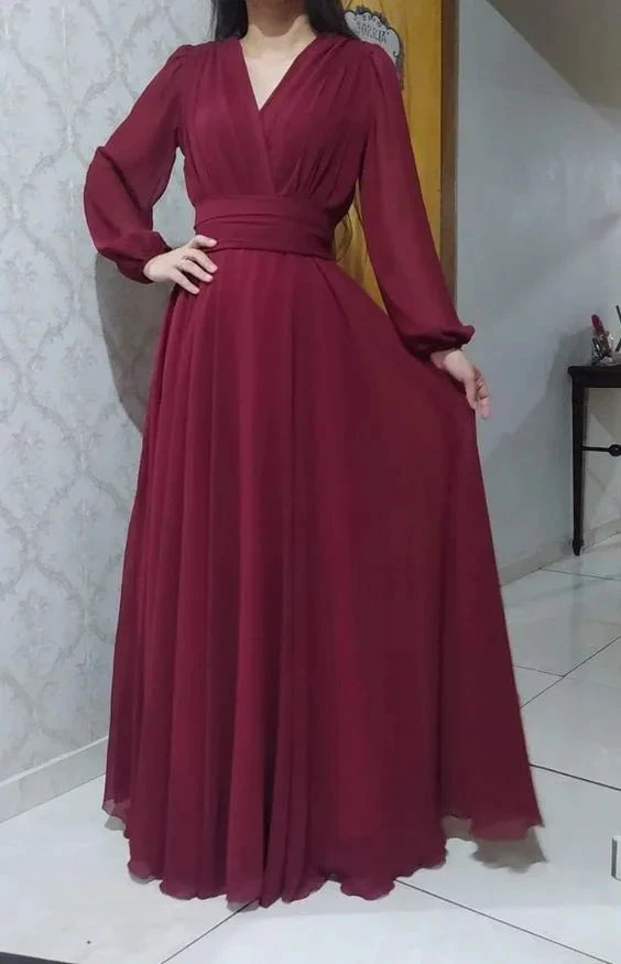 Elegant A-line Pure Color V Neck Floor Length Evening Dresses Y5817 by simplepromdress