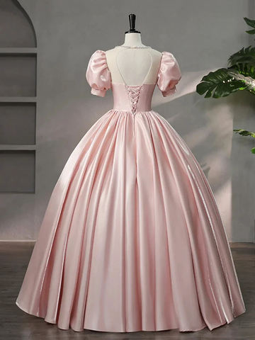Beautiful Pink Scoop Neck Satin Floor Length Prom Dress A-Line Short Sleeve Evening Dress with Bow Y6082 by simplepromdress