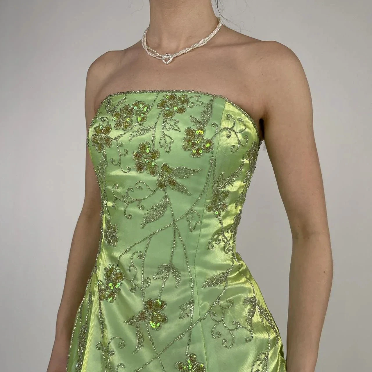 Strapless Green Satin Beaded A Line Prom Dress Evening Dress Y8412 by simplepromdress