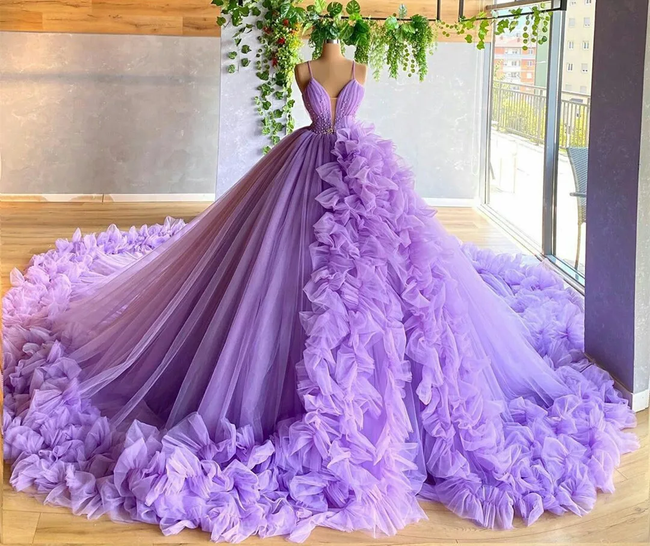 Purple A-line V Neck Tulle Ball Gown,Purple Princess Dress,Fairy Dress Y6590 Main Image