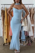 Sexy Strapless Blue Chiffon Prom Dress Mermaid Party Evening Gown Y8175 by simplepromdress