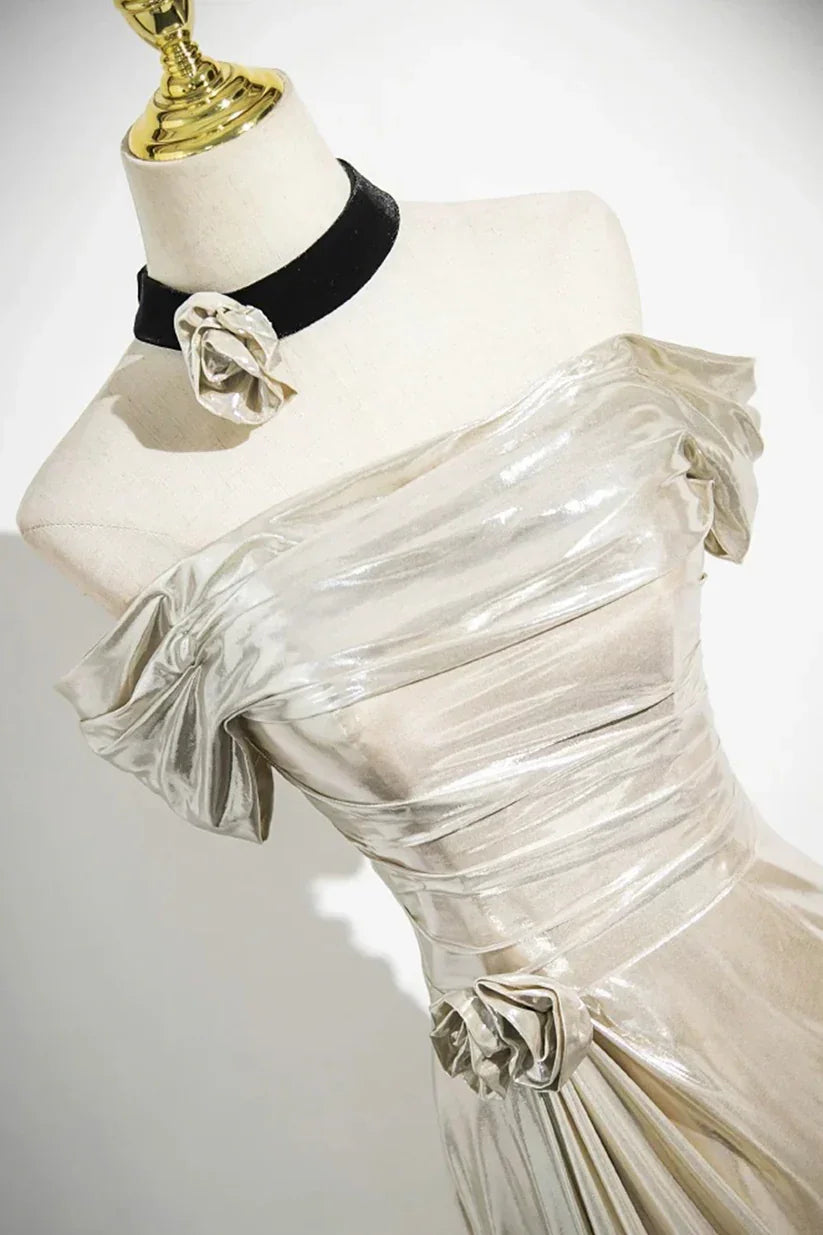 Charming Champagne Off The Shoulder Satin Prom Dress Mermaid Evening Gown Y8202 by simplepromdress