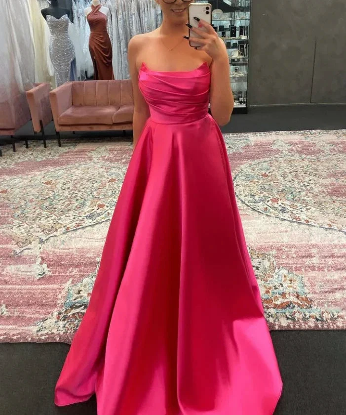 Sage Green Strapless Satin Pleated A-line Long Prom Dress Evening Gown Y7905 by simplepromdress