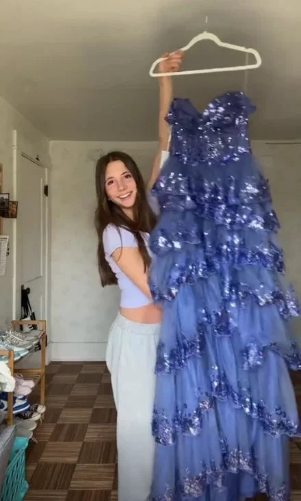 Sparkly Blue Tulle Sequins Layered Evening Dress Formal Slit Prom Dress Y7961 by simplepromdress