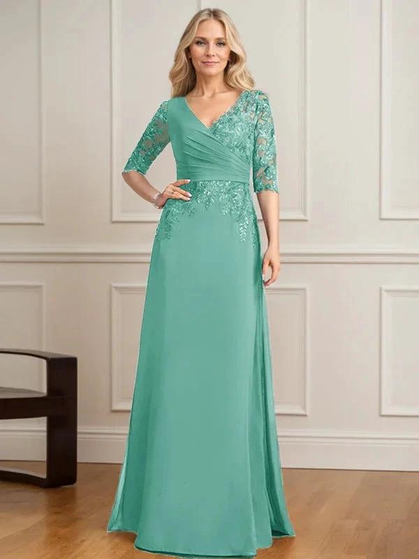 A-line V-Neck Floor-Length Lace Chiffon Mother of the Bride Dress With Pleated Sequins by Dreamylily