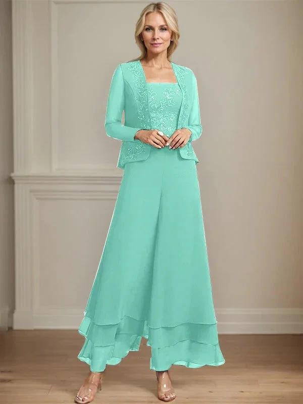 Separates Jumpsuit/Pantsuit Square Ankle-Length Lace Chiffon Mother of the Bride Dress With Sequins by Dreamylily