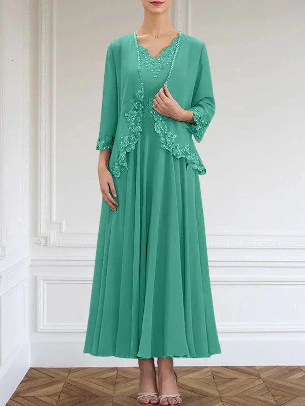 A-line V-Neck Ankle-Length Chiffon Mother of the Bride Dress With Sequins Appliques Lace Beading by Dreamylily