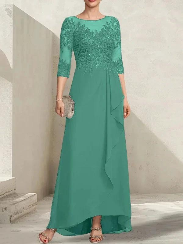 A-line Scoop Illusion Asymmetrical Lace Chiffon Mother of the Bride Dress With Sequins Cascading Ruffles by Dreamylily