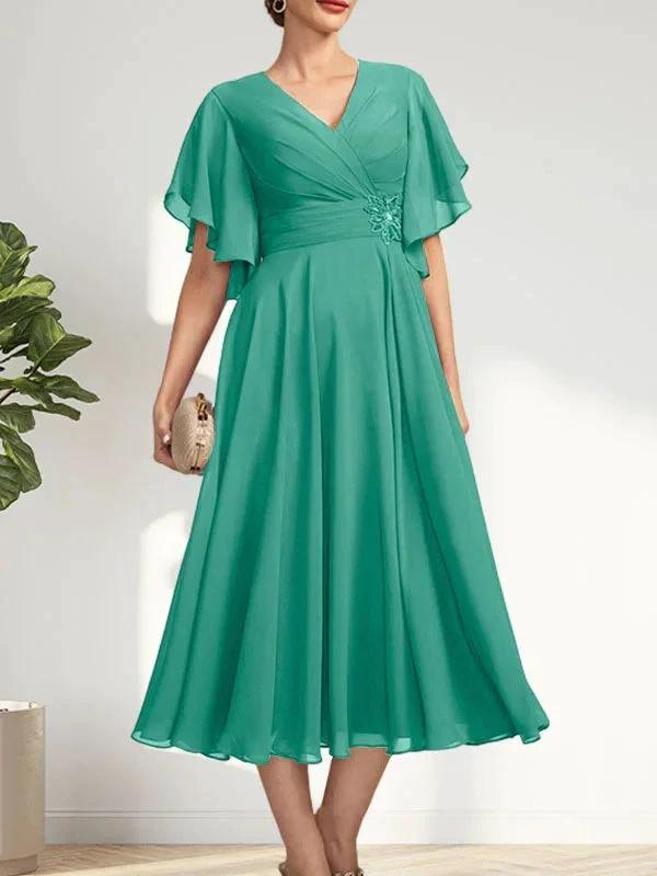 A-line V-Neck Tea-Length Chiffon Mother of the Bride Dress With Pleated Beading by Dreamylily