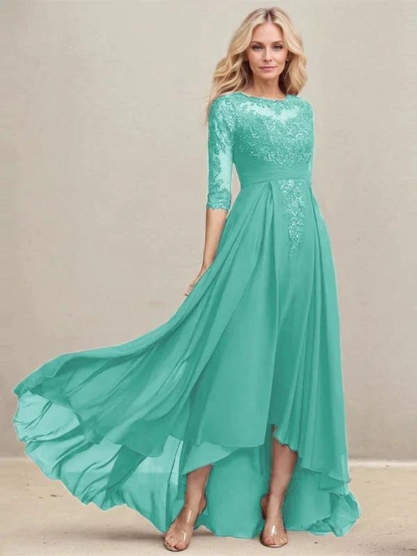A-line Scoop Illusion Asymmetrical Lace Chiffon Mother of the Bride Dress With Pleated Sequins by Dreamylily