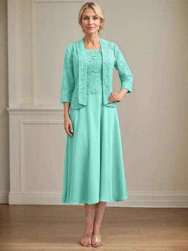 A-line Scoop Tea-Length Lace Chiffon Mother of the Bride Dress by Dreamylily