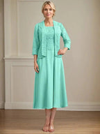 A-line Scoop Tea-Length Lace Chiffon Mother of the Bride Dress by Dreamylily