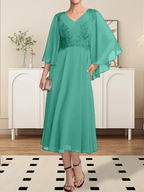 A-line V-Neck Tea-Length Chiffon Lace Mother of the Bride Dress With Beading Sequins by Dreamylily