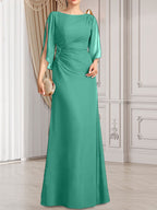 Etui-Linie/Säule U-Ausschnitt Bodenlang Chiffon Kleid für die Brautmutter mit Plissee Perlenbesatz