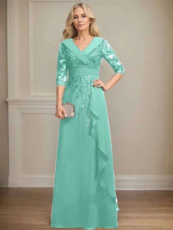 A-line Collared V-Neck Floor-Length Lace Chiffon Mother of the Bride Dress With Sequins Cascading Ruffles by Dreamylily