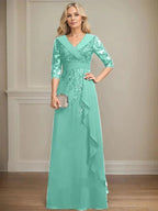 A-line Collared V-Neck Floor-Length Lace Chiffon Mother of the Bride Dress With Sequins Cascading Ruffles by Dreamylily