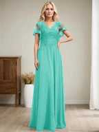 A-line V-Neck Floor-Length Lace Chiffon Mother of the Bride Dress With Sequins by Dreamylily