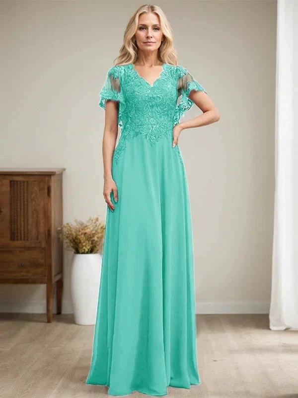 A-line V-Neck Floor-Length Lace Chiffon Mother of the Bride Dress With Sequins by Dreamylily
