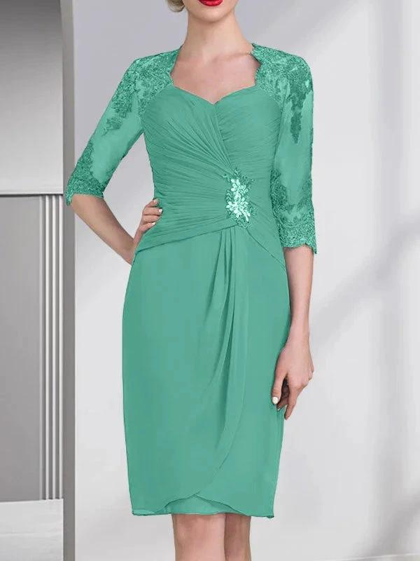 Sheath/Column Sweetheart Knee-Length Chiffon Mother of the Bride Dress With Beading Appliques Lace Sequins Pleated by Dreamylily