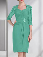Sheath/Column Sweetheart Knee-Length Chiffon Mother of the Bride Dress With Beading Appliques Lace Sequins Pleated by Dreamylily